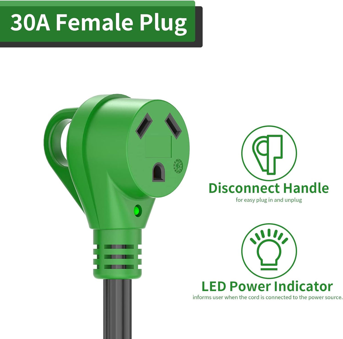 4 Prong 30 Amp to 30 Amp RV Generator Adapter Cord 12 Inch, STW 10/3, L14-30P to TT-30R, Green G484275