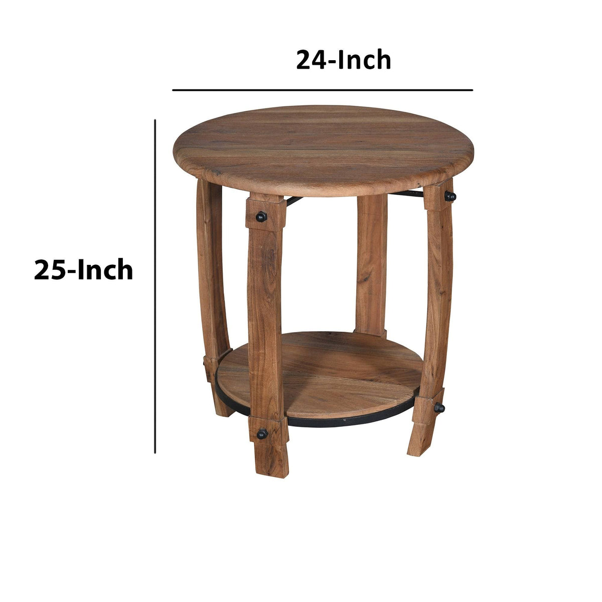 24 inch Round Wooden End Table with Bottom Shelf, Natural Brown M5444