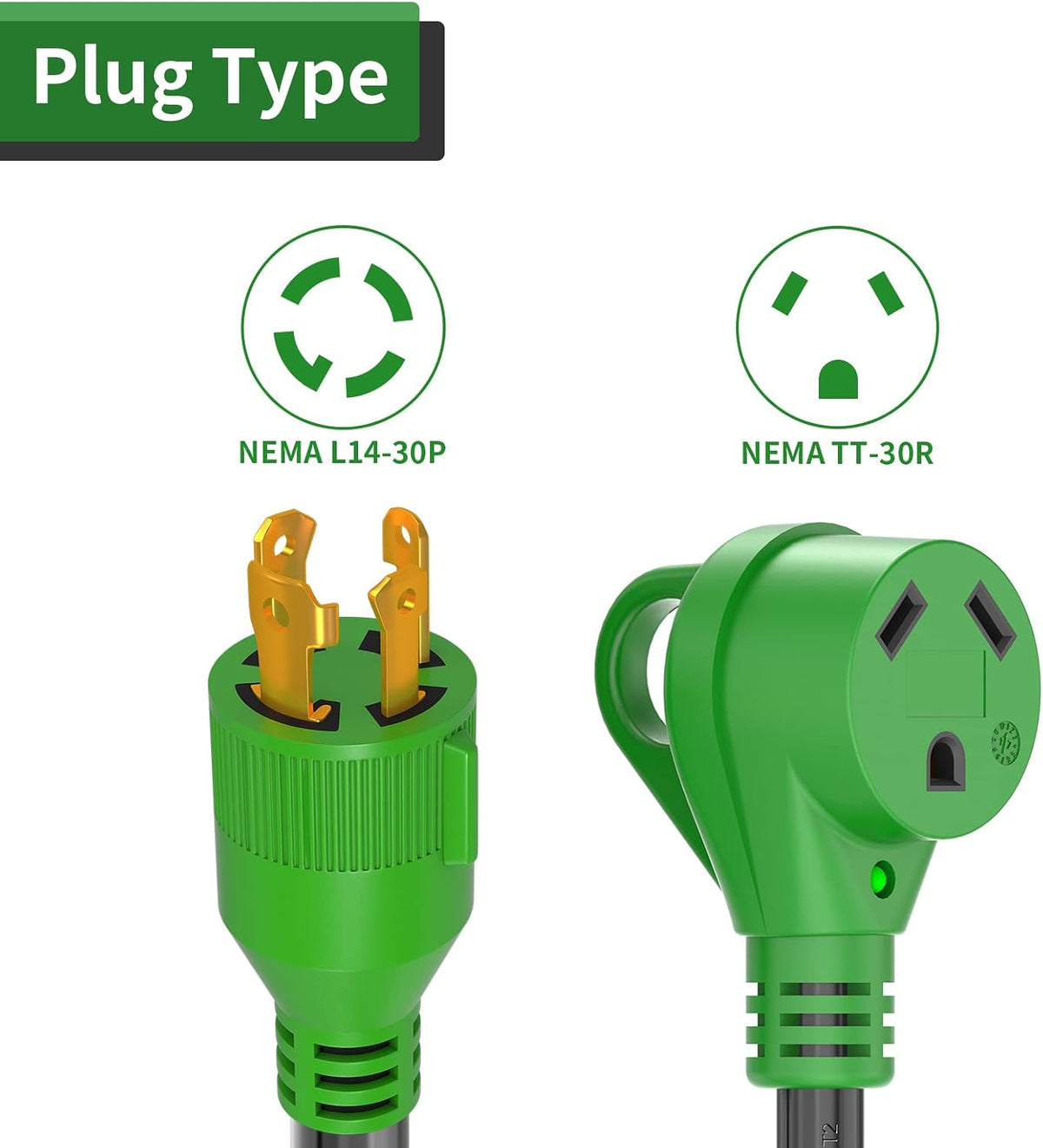 4 Prong 30 Amp to 30 Amp RV Generator Adapter Cord 12 Inch, STW 10/3, L14-30P to TT-30R, Green G484275