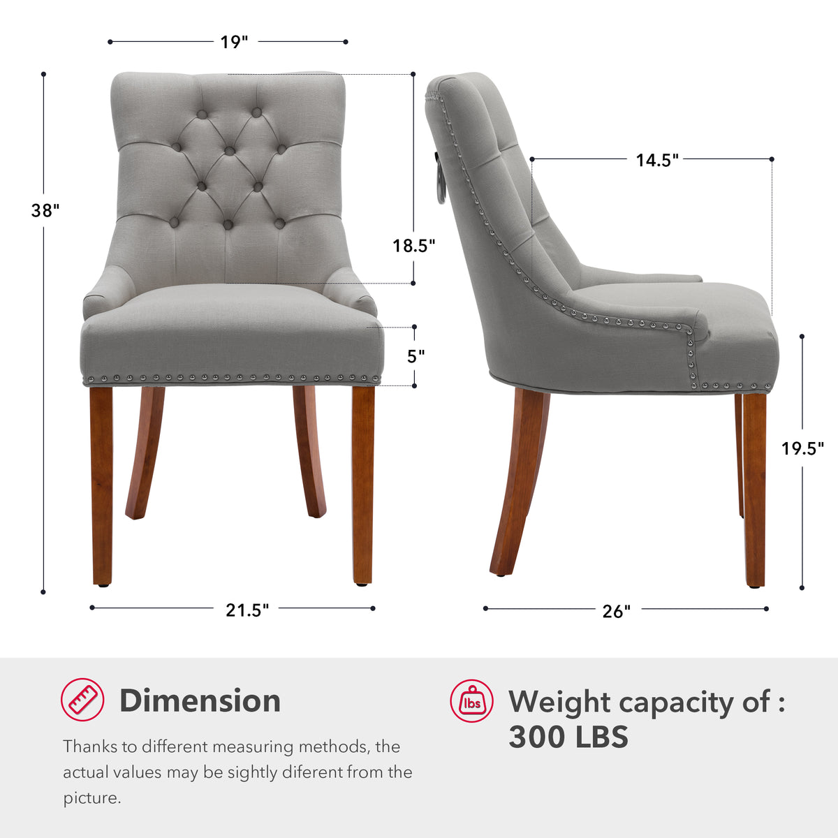 Linen Upholstered Dining Chairs Set of 2 with Solid Wood Legs, Light Gray H115