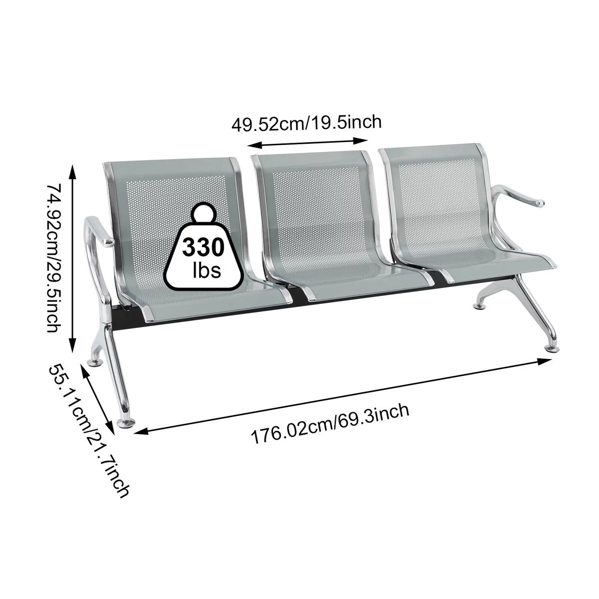 3-Seat Steel Reception Chair with Arms A59558