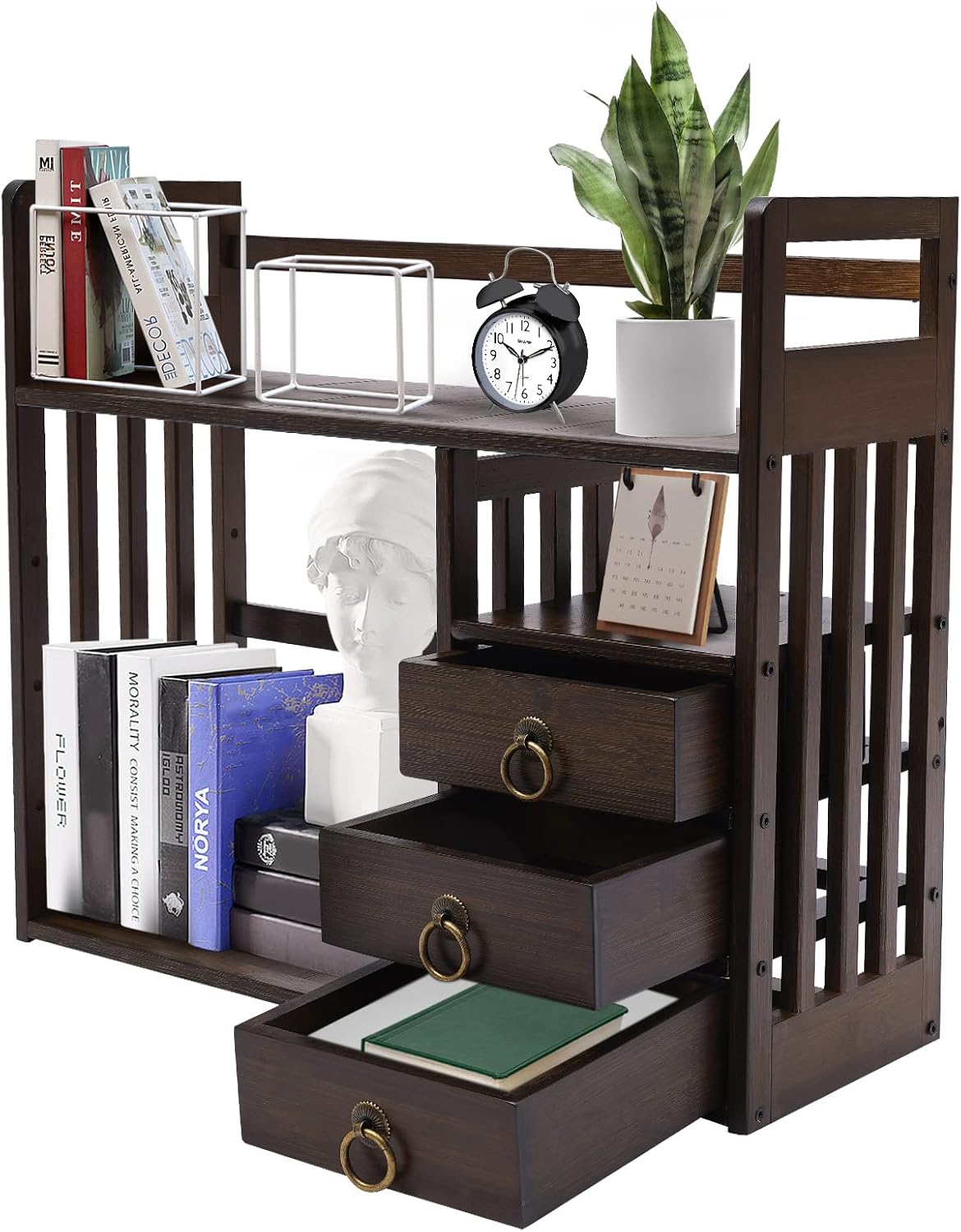 Bamboo Desk Bookshelf Organizer with Drawer, 19.7×7.5×17.7inch Q535