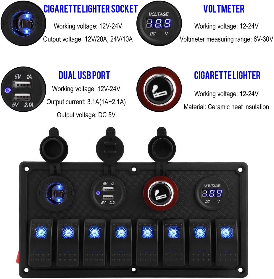 Blue LED 8 Gang 12V 24V Aluminium Rocker Switch Panel with Dual USB Voltmeter Cigarette Lighter Pack of 2 A221466