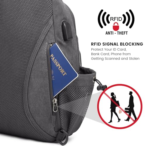 Canvas Sling Bag Crossbody Backpack with USB Charging Port (Dark Grey) O2178