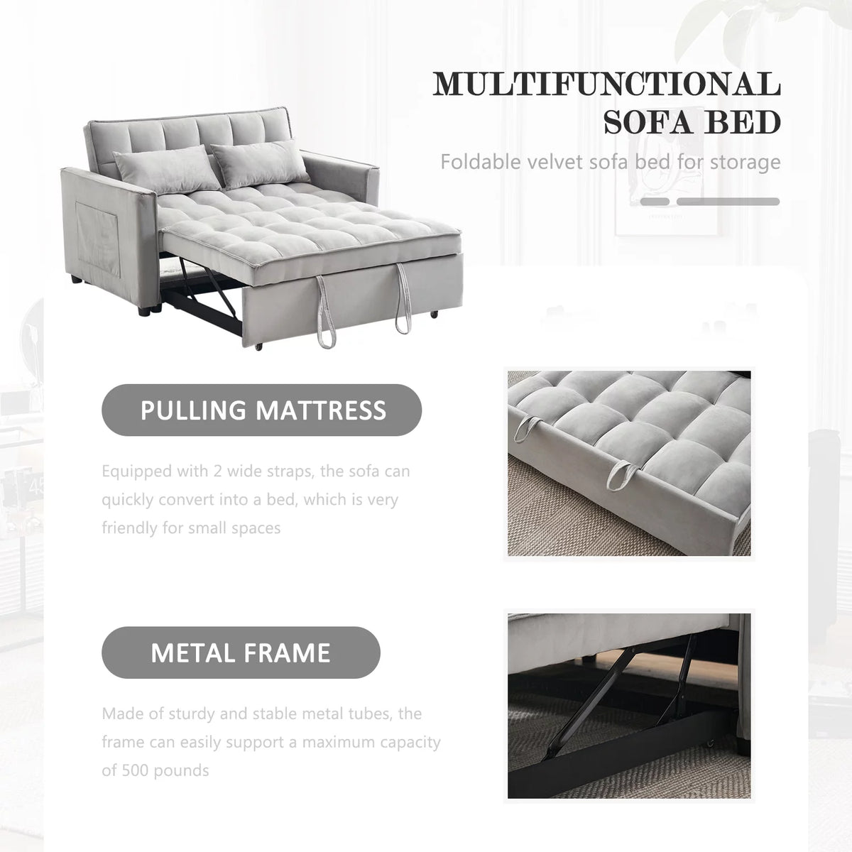 55.5'' Velvet Convertible Sleeper Sofa Bed E929604