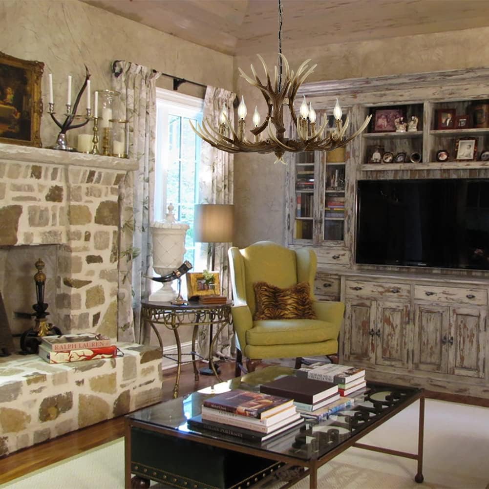 Resin Antler Chandelier Pendant Light, 9 Antlers + 6 Lights R3272