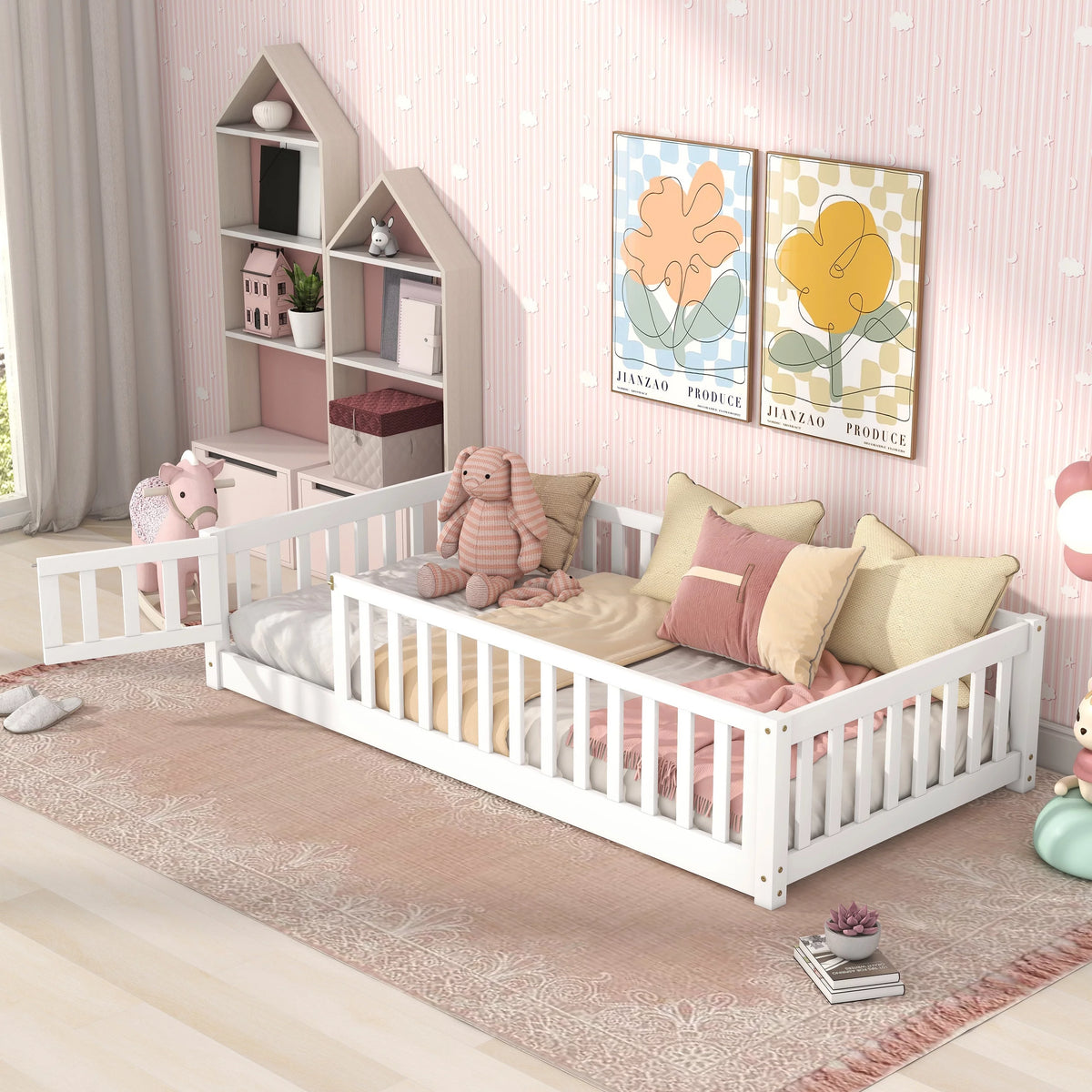 White Twin Size Wood Floor Bed with Fence Railings C360715