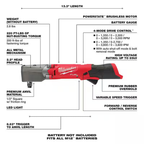 12V Brushless Cordless 1/2 in. Right Angle Impact Wrench I903