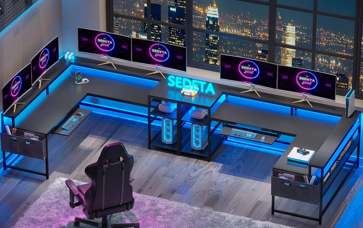 L Shaped Gaming Desk with Power Outlets and LED Strip F76466