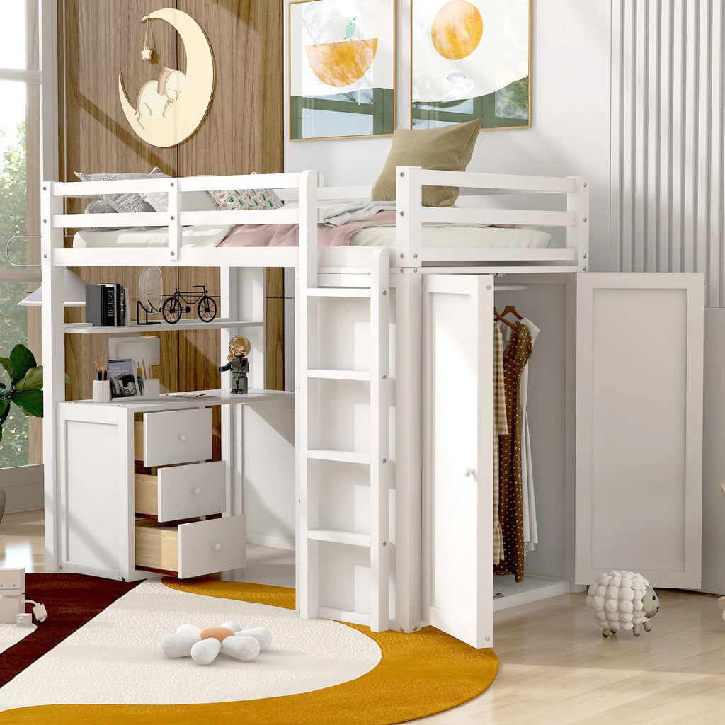 White Twin Size Wooden Loft Bed with Drawers, Desk, Wardrobe, Ladder & Safety Rails X465286