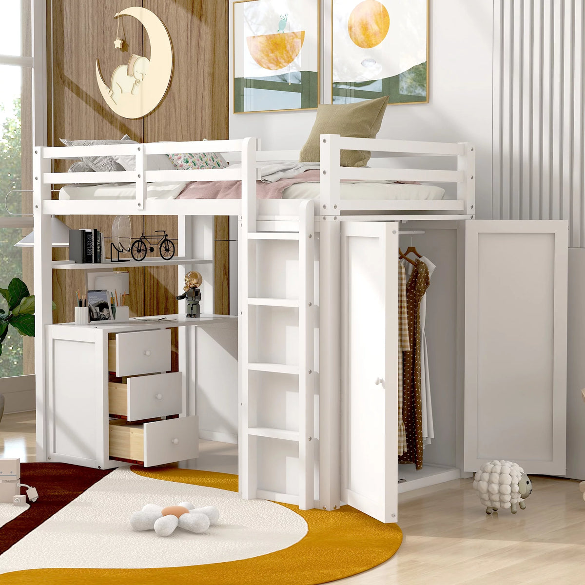 White Twin Size Wooden Loft Bed with Drawers, Desk, Wardrobe, Ladder & Safety Rails X465286