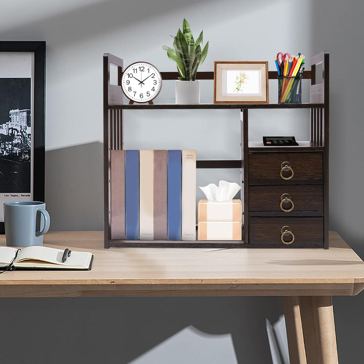 Bamboo Desk Bookshelf Organizer with Drawer, 19.7×7.5×17.7inch Q535