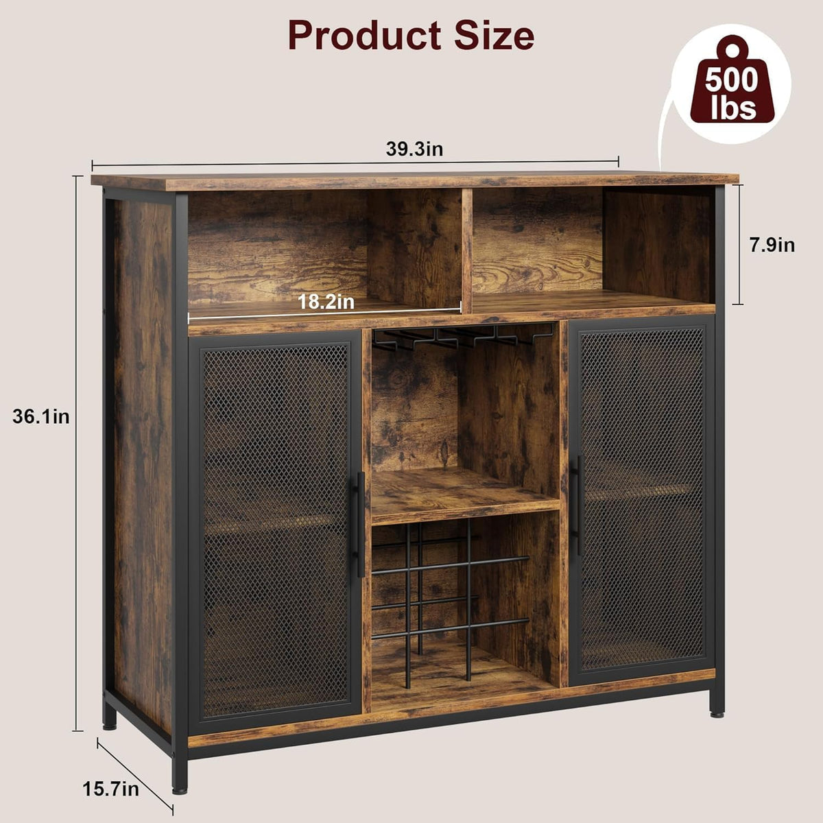 Rustic Brown Coffee Bar Cabinet with Mesh Doors and Adjustable Shelves A4067