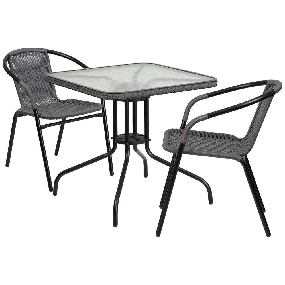 Black 3-Piece Glass Table Top Outdoor Bistro Set L571