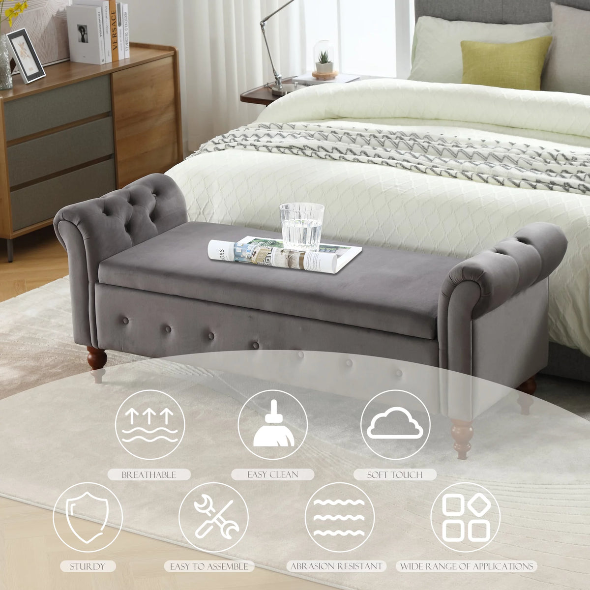 Gray Velvet Upholstered Storage Bench with Arms R675757