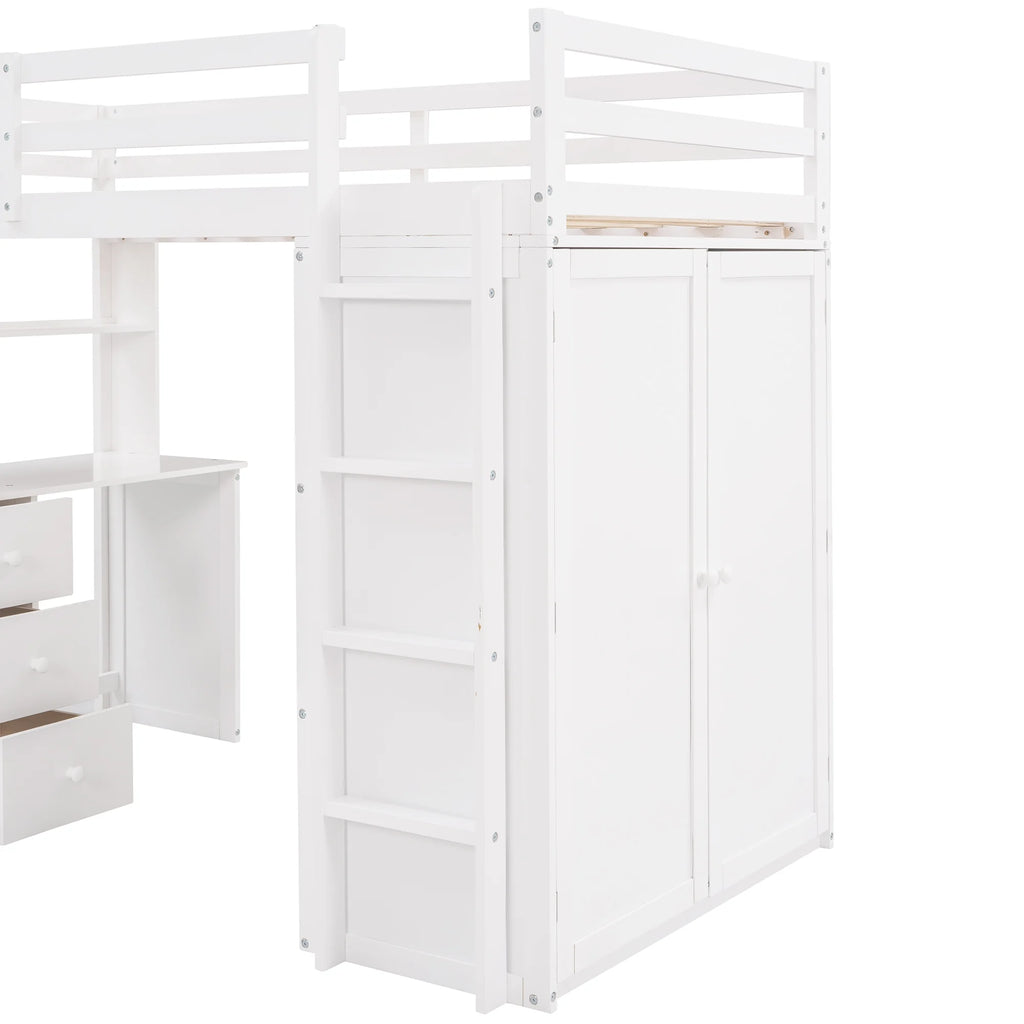 White Twin Size Wooden Loft Bed with Drawers, Desk, Wardrobe, Ladder & Safety Rails X465286