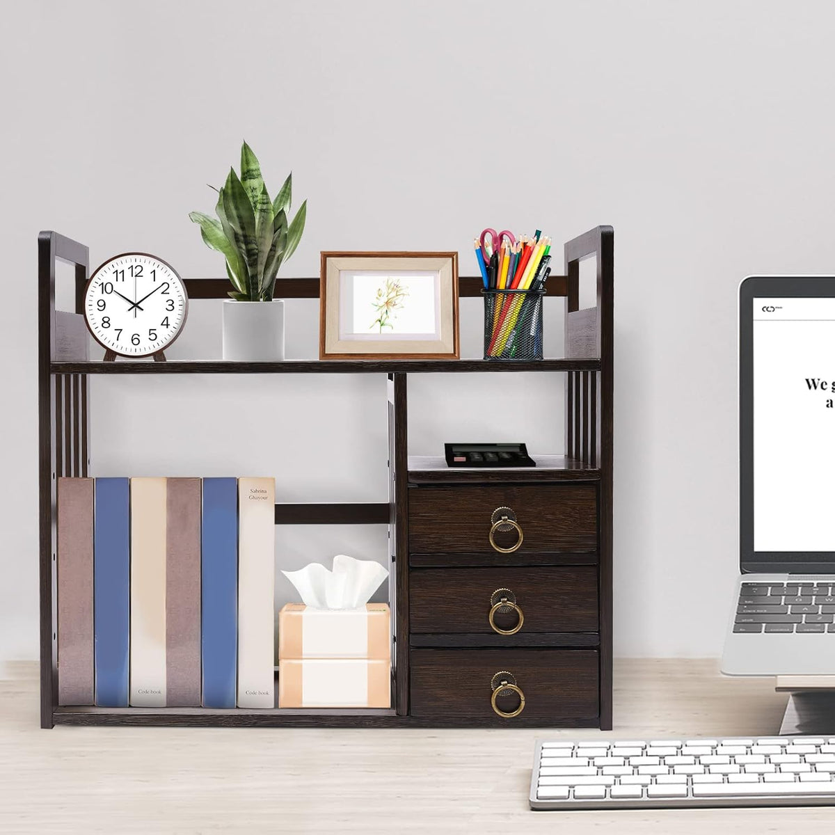 Bamboo Desk Bookshelf Organizer with Drawer, 19.7×7.5×17.7inch Q535