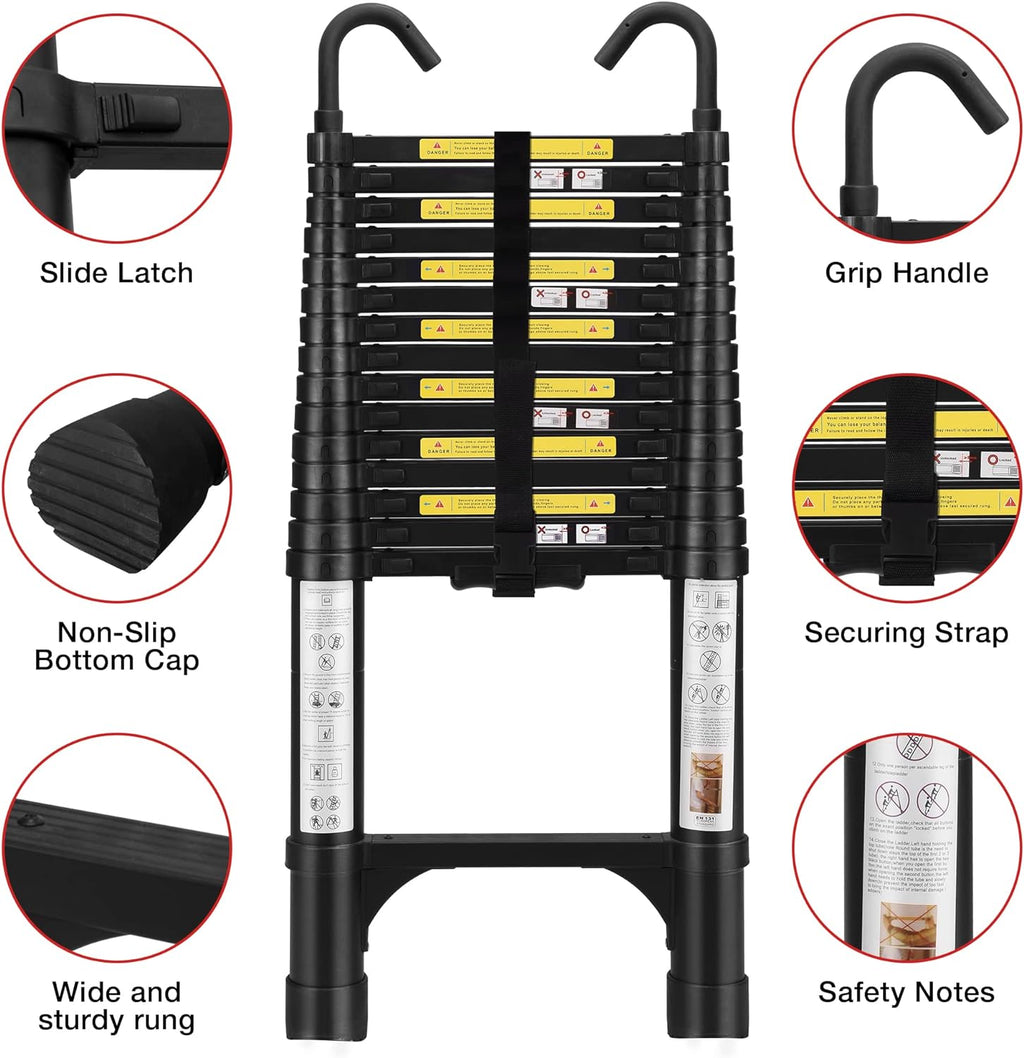 Telescoping Ladder 10.5 FT Aluminum with 2 Detachable Roof Hooks and 2 Triangle Stabilizers F882