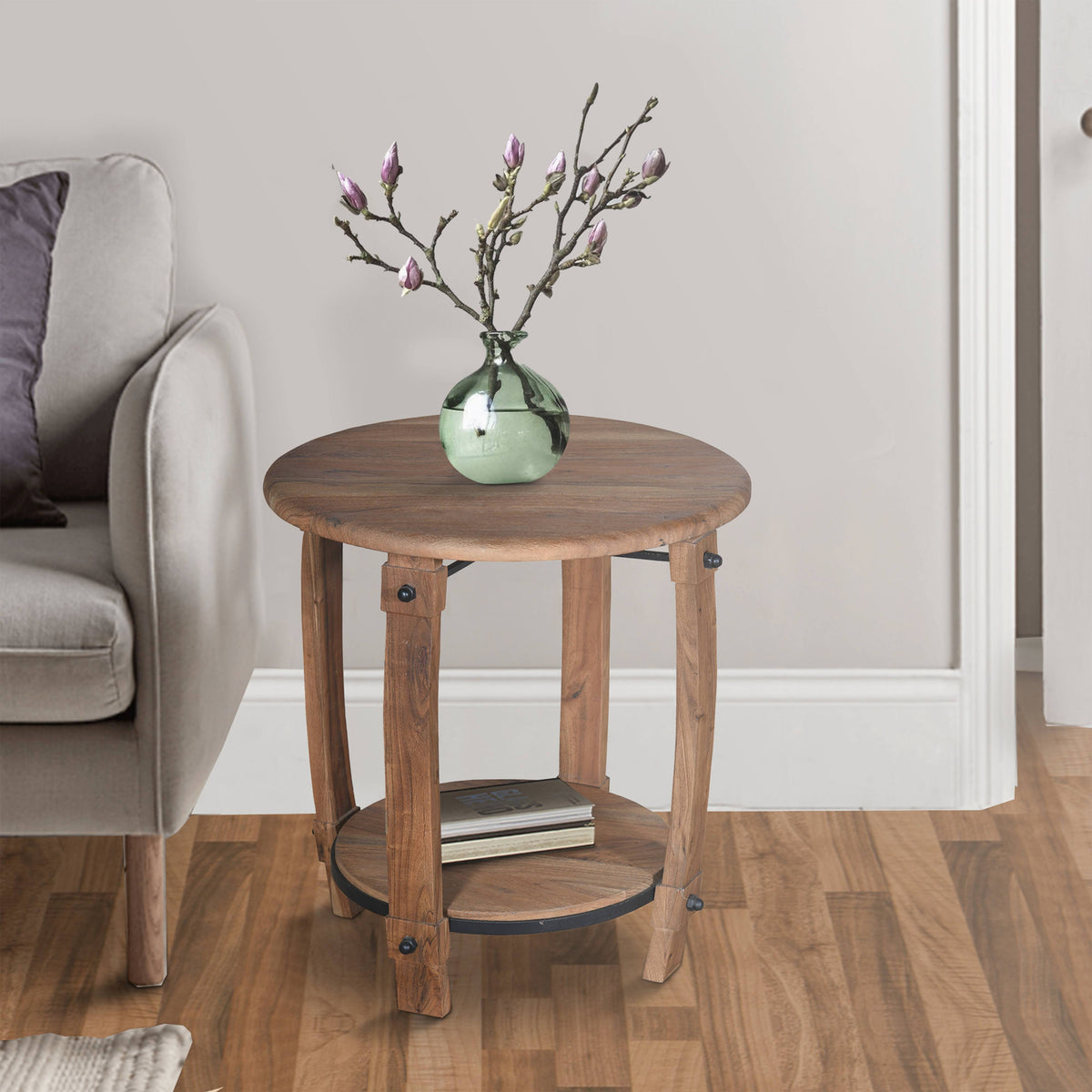 24 inch Round Wooden End Table with Bottom Shelf, Natural Brown M5444