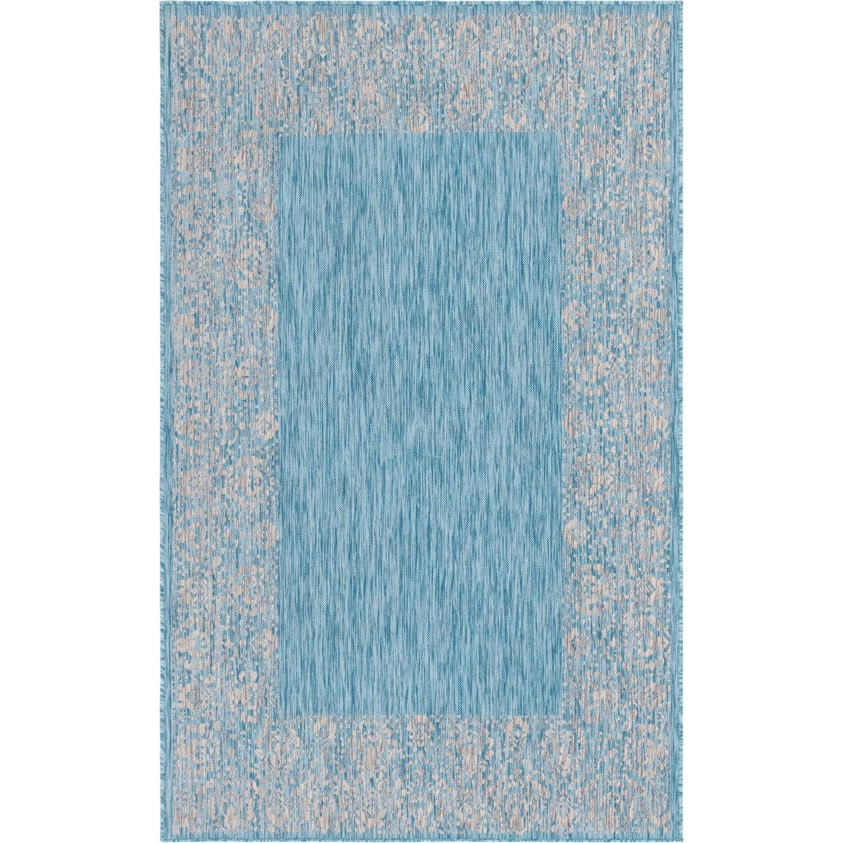 Aqua Ivory Floral Border Indoor/Outdoor Rug 5' 1" x 8' H498238