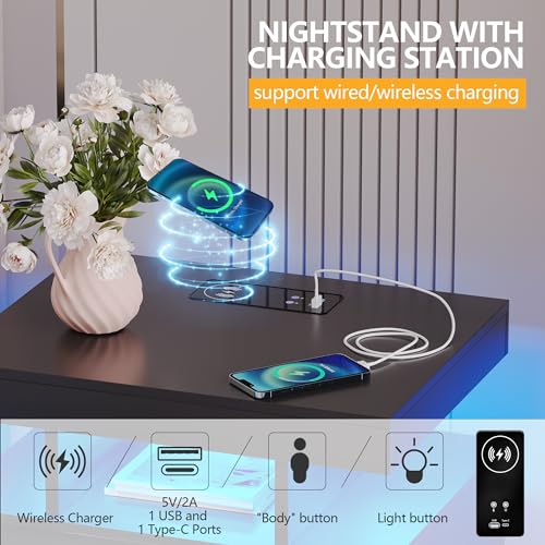 Black Nightstand with Drawers and Wireless Charging Station Z884951