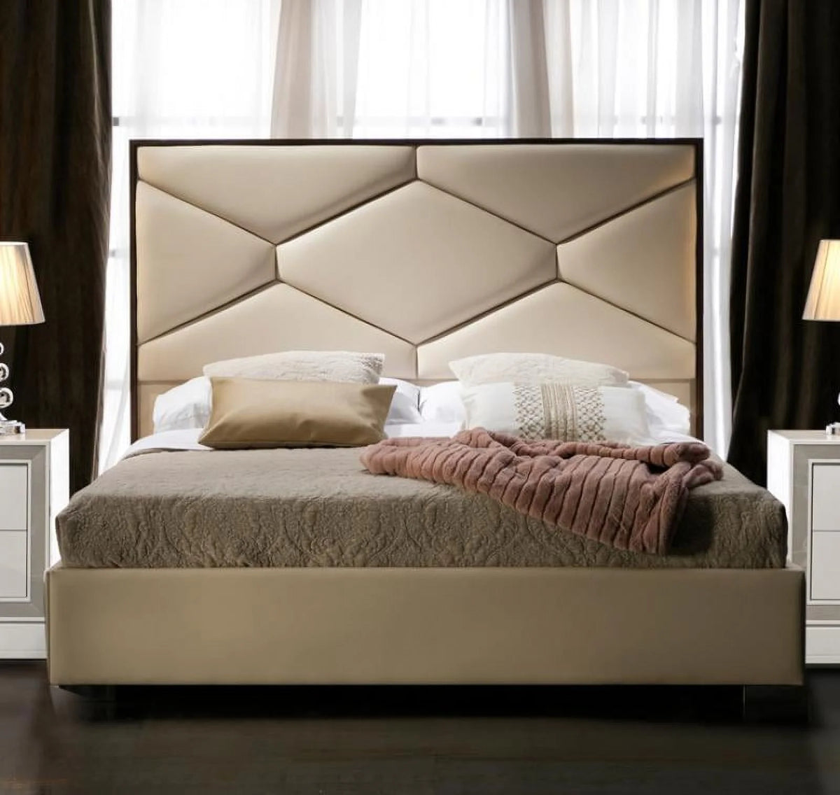 Beige Eco Leather King Size Bed Y995