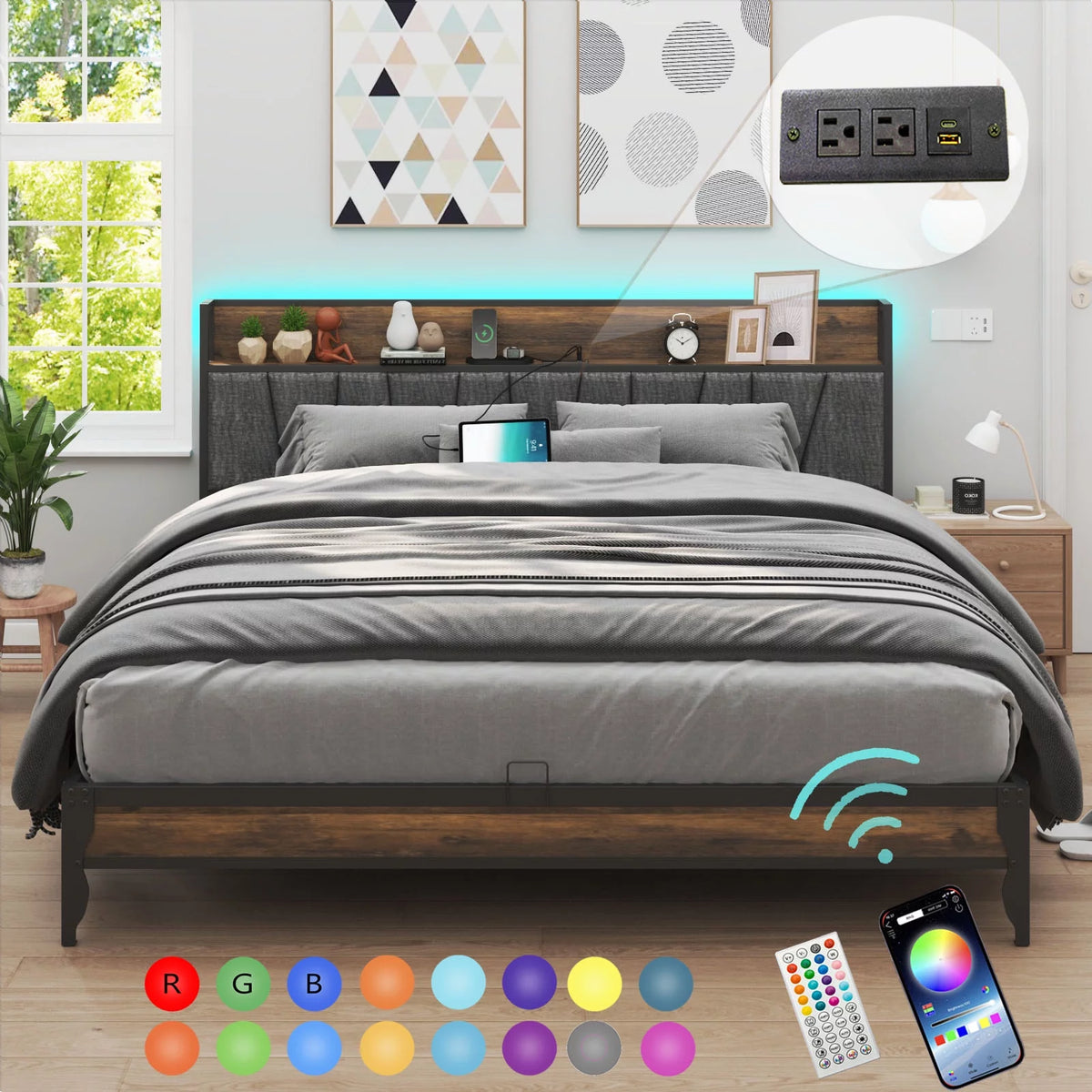 Queen Size Metal Platform Bed Frame with Storage Headboard M1909