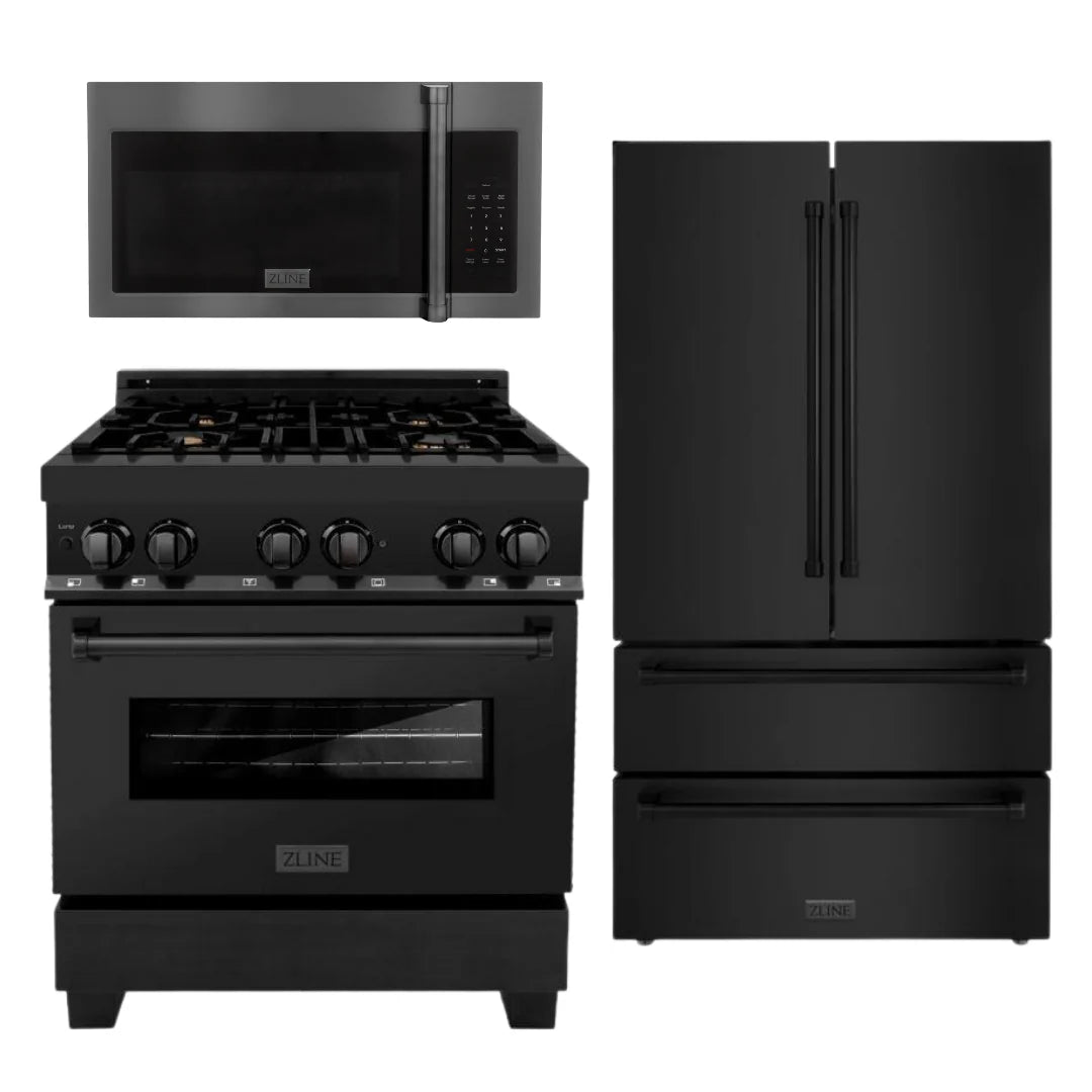30 in. Dual Fuel Range, Microwave, Refrigerator in Black Stainless P764608