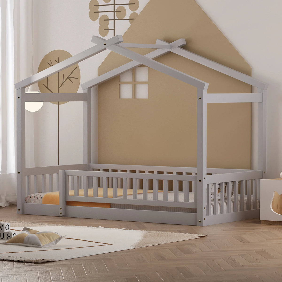 Gray Twin Wood Floor Bed Frame with Fence Guardrails and House Roof N419648