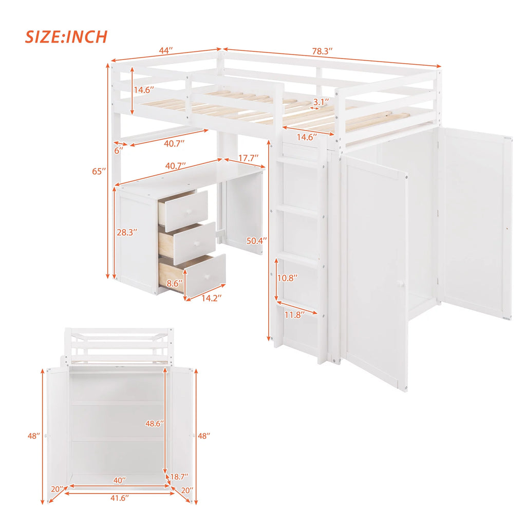 White Twin Size Wooden Loft Bed with Drawers, Desk, Wardrobe, Ladder & Safety Rails X465286