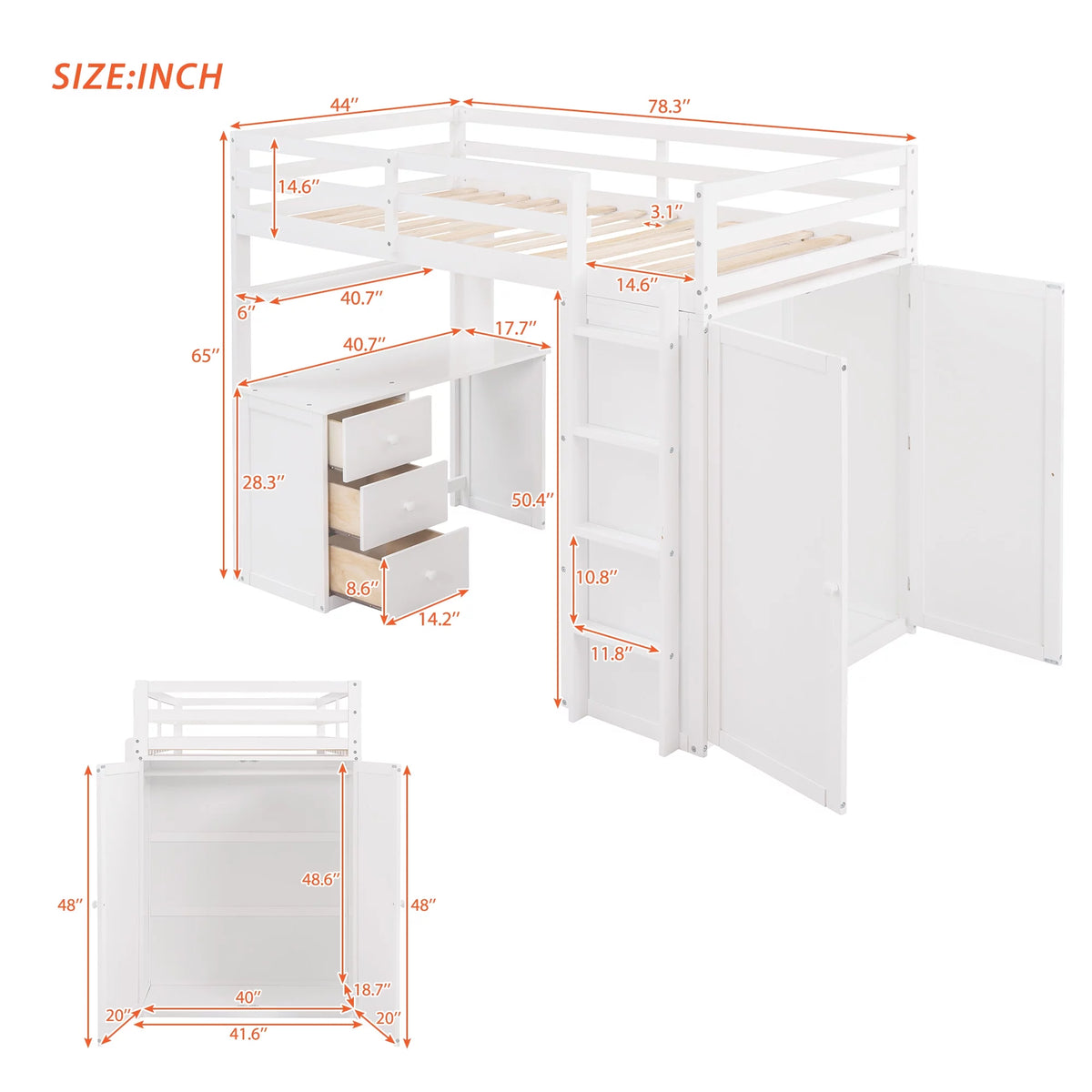 White Twin Size Wooden Loft Bed with Drawers, Desk, Wardrobe, Ladder & Safety Rails X465286