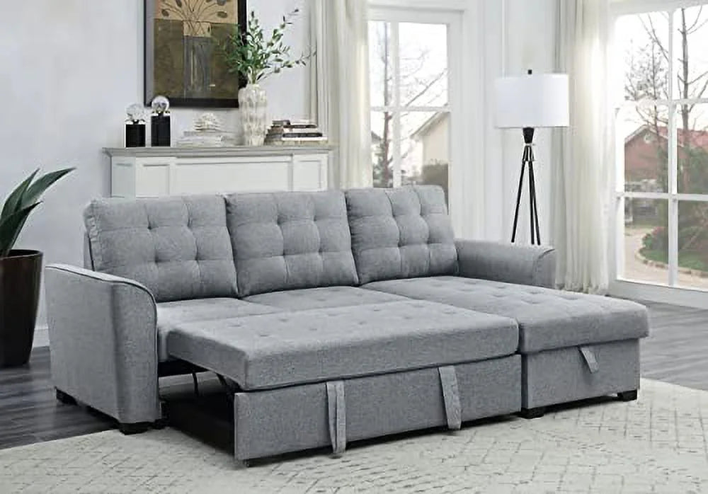 Light Gray Linen Sleeper Sectional Sofa with Storage Chaise M40592