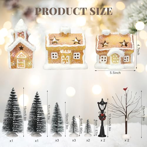 17pcs LED Christmas Gingerbread Village Sets 3 Ceramic Gingerbread Houses 2 Birch Trees 10 Pine Trees 2 Streetlight Christmas Figurines Z642