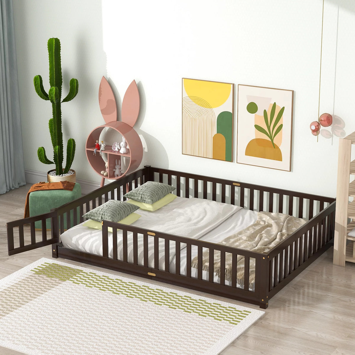 White Twin Size Wood Floor Bed with Fence Railings C360715