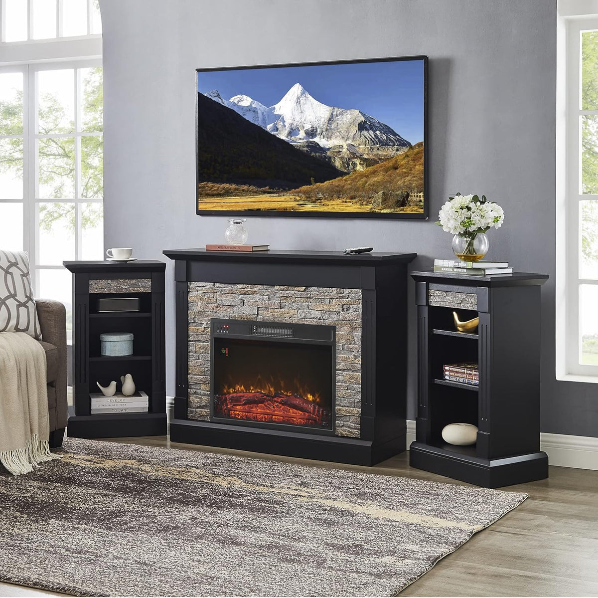 Electric Fireplace Mantel Freestanding Media Stand with 3 Cabinet Bookcase Shelf and Remote Control P3362