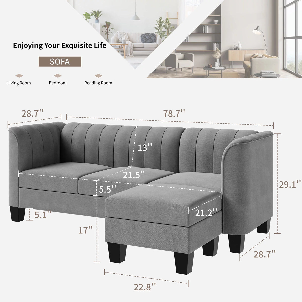 Black L Shaped Linen Fabric Sectional Sofa V106