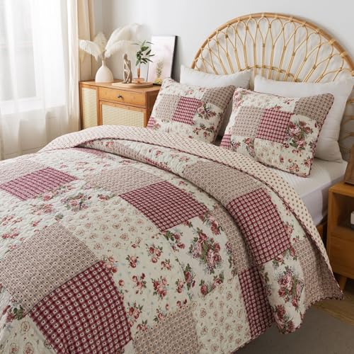 Neutral Floral & Cream Cotton Pieced Quilt Set, Queen Size with 2 Shams K92709