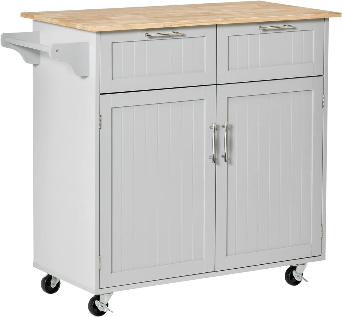 Grey Rolling Kitchen Island with Rubberwood Top and Drawers P692343