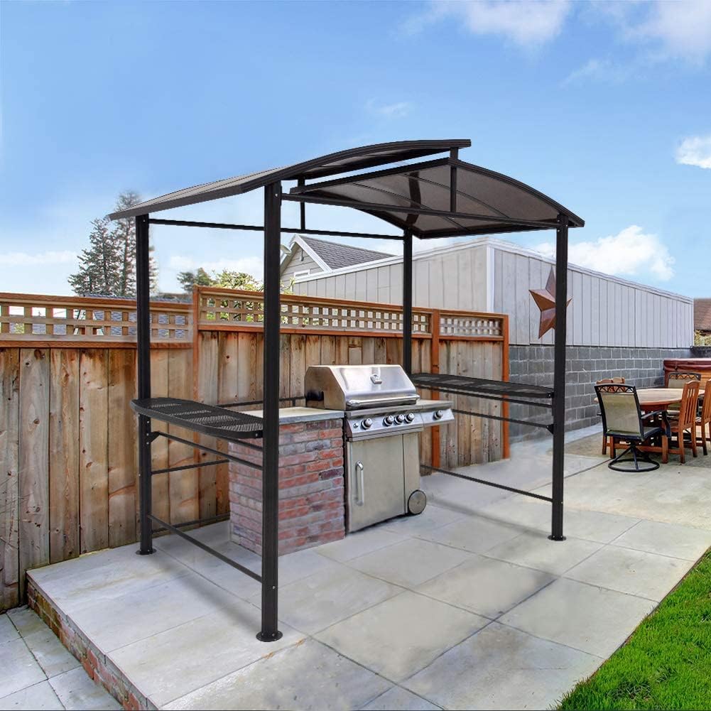 8'x5' Steel Frame Double-Tier Polycarbonate Top Grill Gazebo with Shelves L4876