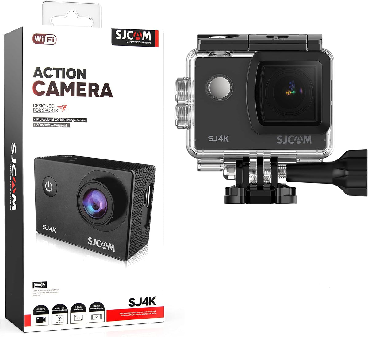 4K Action Camera 170 Degree Wide Angle 98FT Waterproof with Case F15395