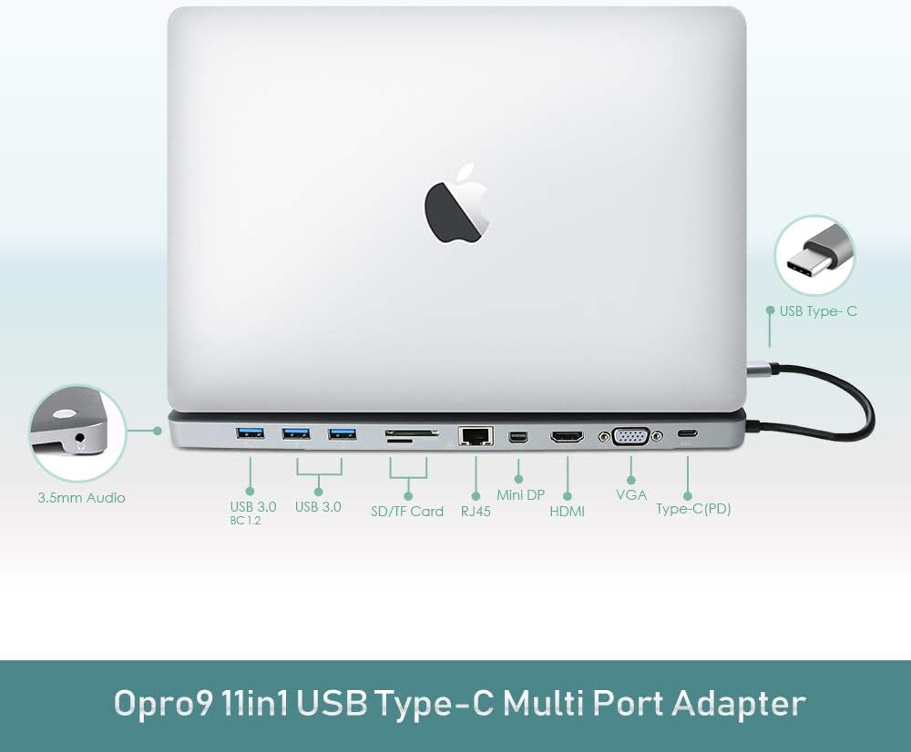11-in-1 USB C Hub Adapter with HDMI, VGA, SD Card Reader, USB 3.0, Ethernet, Gray F890403