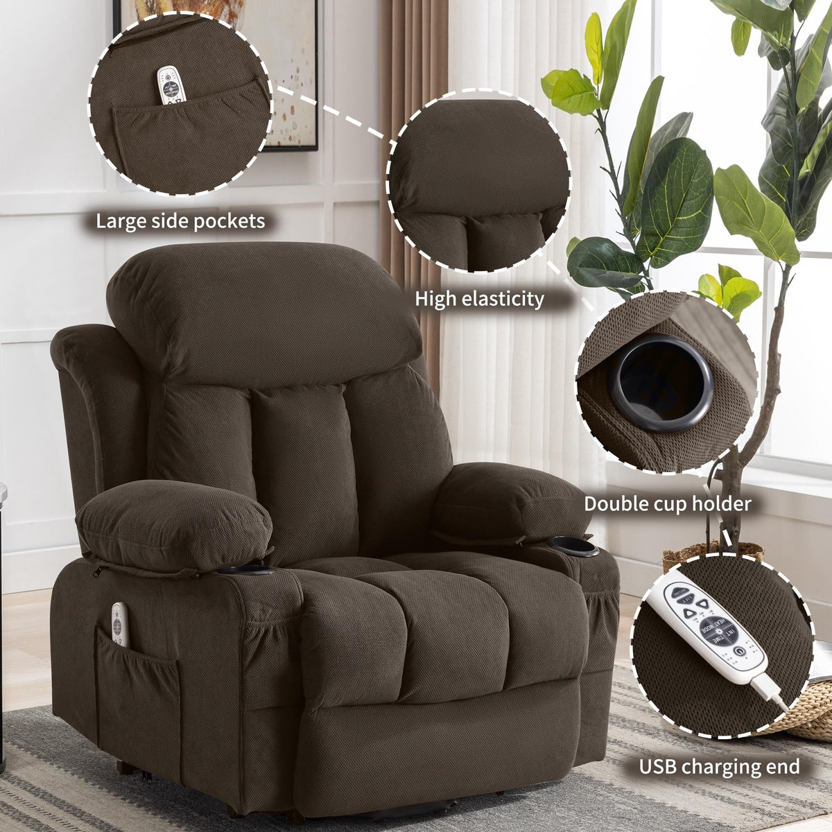 Brown PU Leather Power Lift Recliner Chair with Massage and Heating S638179