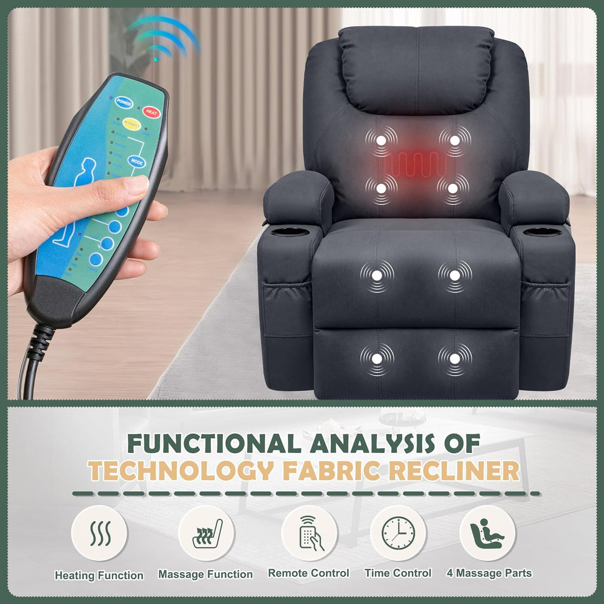 Blue Fabric Power Lift Recliner Chair with Massage and Heat S883