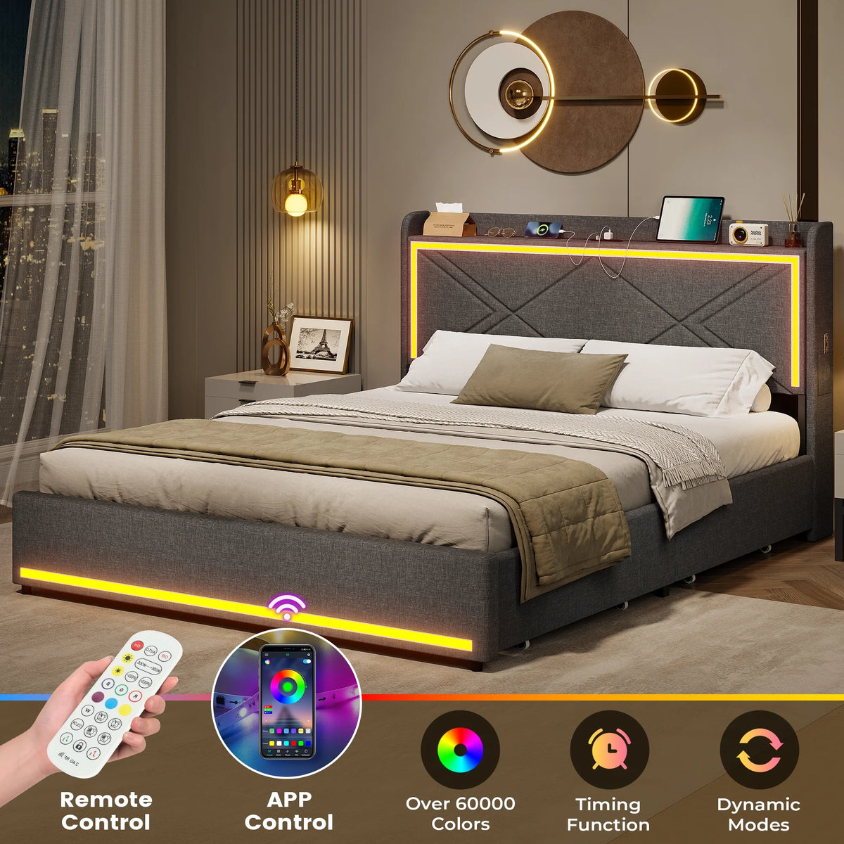 Queen Bed Frame with LED Lights Headboard and Charging Station, Upholstered Platform Bed with Storage Drawers, Dark Gray O735343