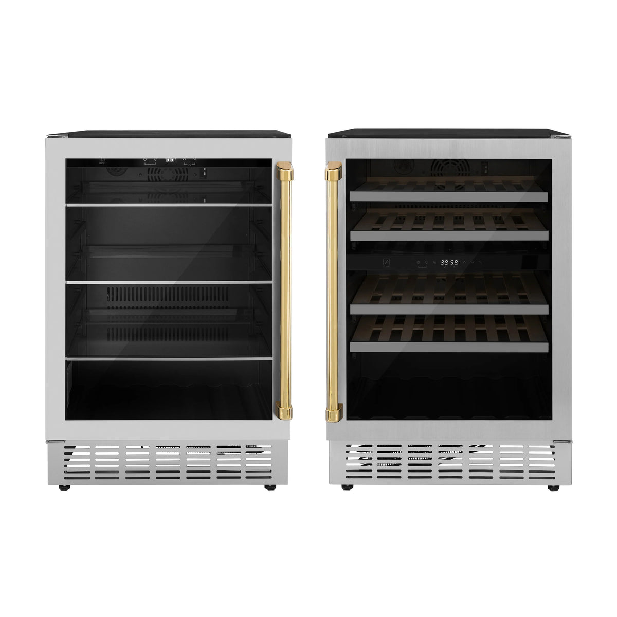 24 Wine Cooler and 24 Beverage Fridge with Gold Accents C8934