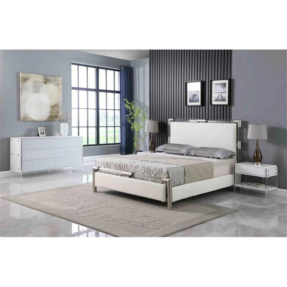 Gloss White Wood & Acrylic Queen-size 3-Piece Bedroom Set B256907