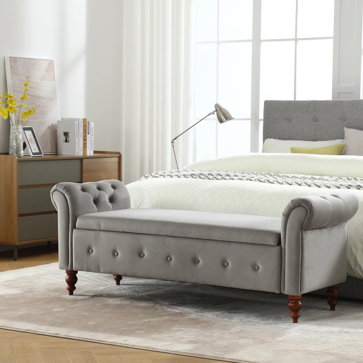 Gray Velvet Upholstered Storage Bench with Arms R675757