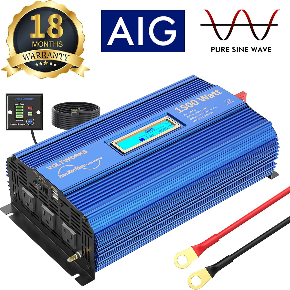 1500W Pure Sine Wave Power Inverter DC 12v to AC 110V-120V with Remote Control LCD Display O318387