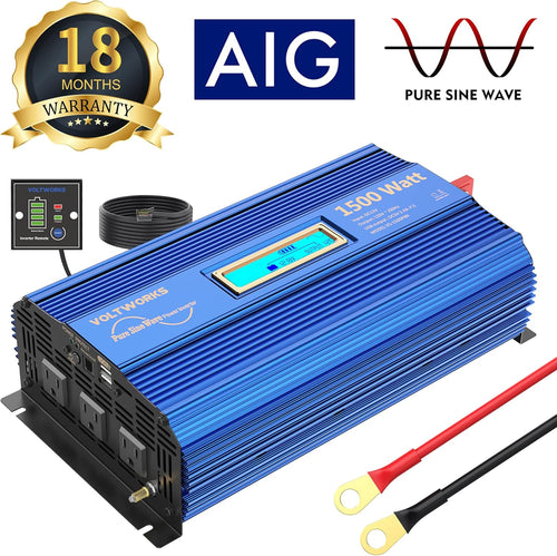 1500W Pure Sine Wave Power Inverter DC 12v to AC 110V-120V with Remote Control LCD Display O318387
