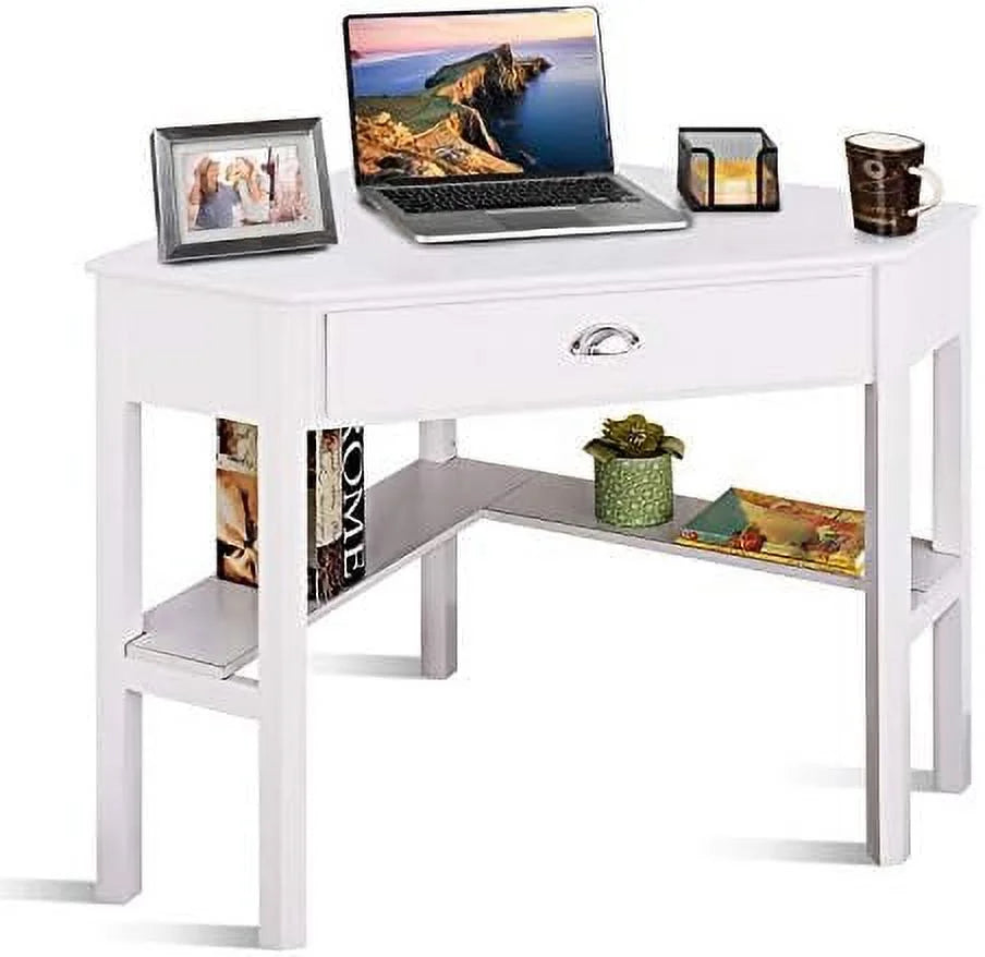 White Corner Desk with Drawer & Shelf J7786